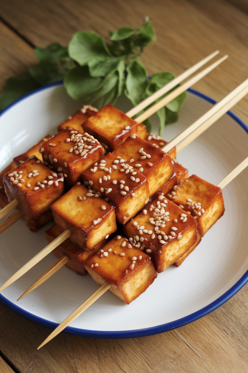An indoor platter of tofu cubes on wooden skewers, lacquered with shiny ginger-soy glaze and sprinkled with sesame seeds. No text or logos present.
