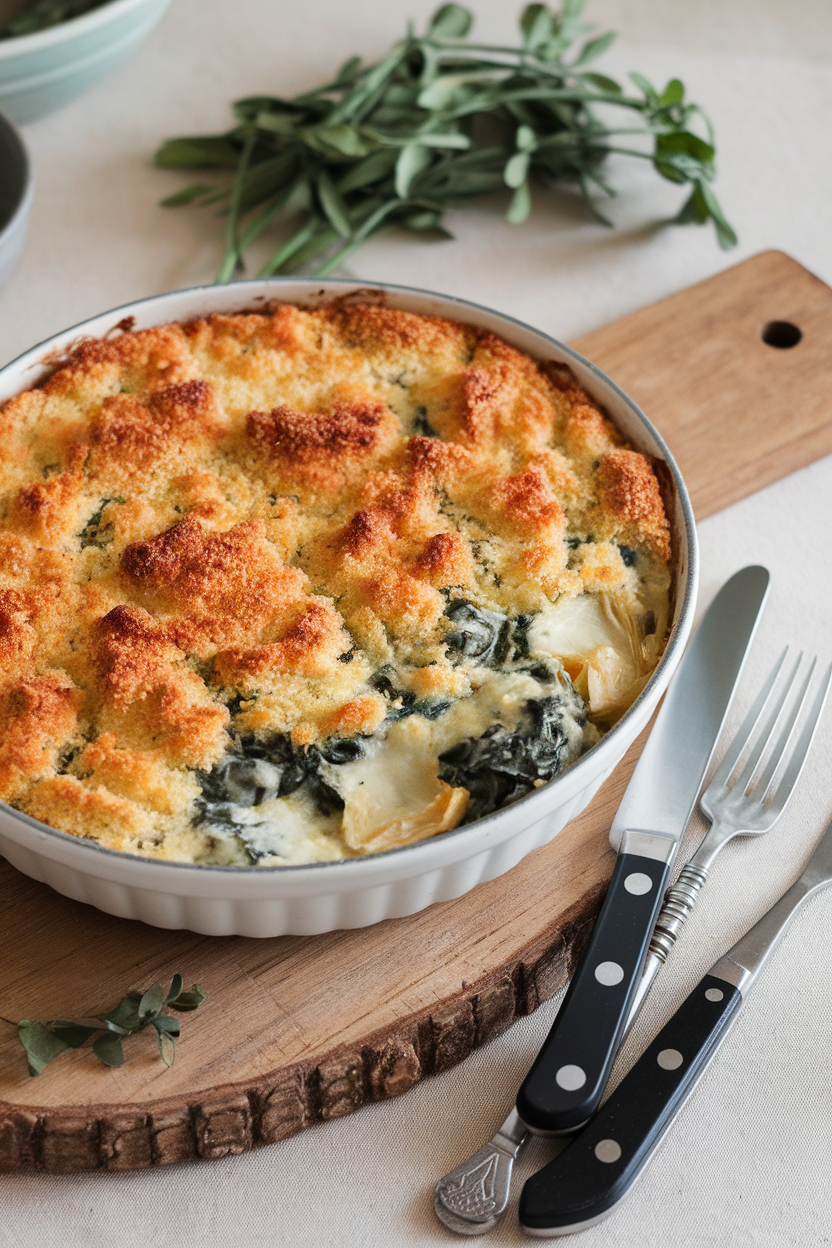 Indoor photo of a gratin dish bubbling with creamy spinach and artichoke hearts beneath a golden breadcrumb crust. No text or logos.
