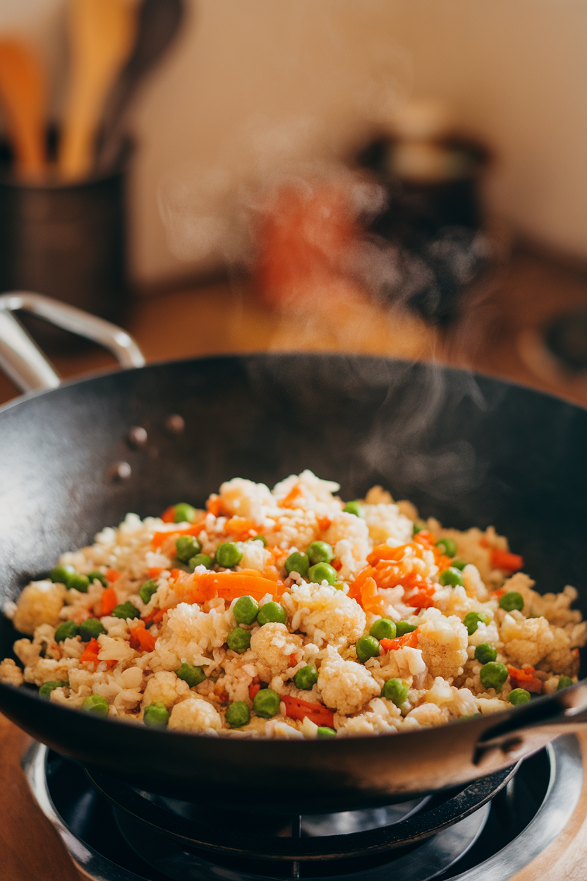 An indoor wok shot showing cooked cauliflower rice mixed with peas, carrots, scrambled egg, and soy sauce, steam rising gently. No brand names or text visible.