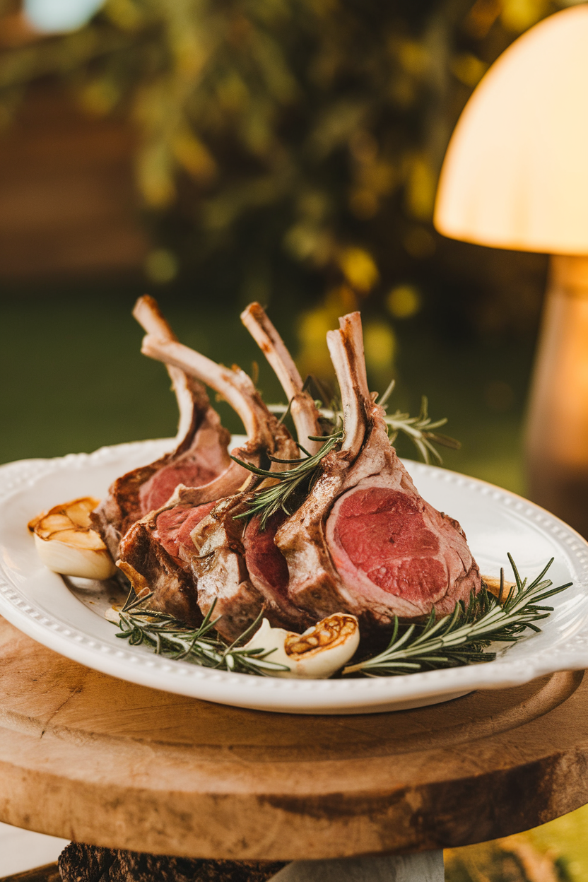 Indoor white platter of seared lamb chops garnished with rosemary sprigs and roasted garlic cloves. No text or logos.