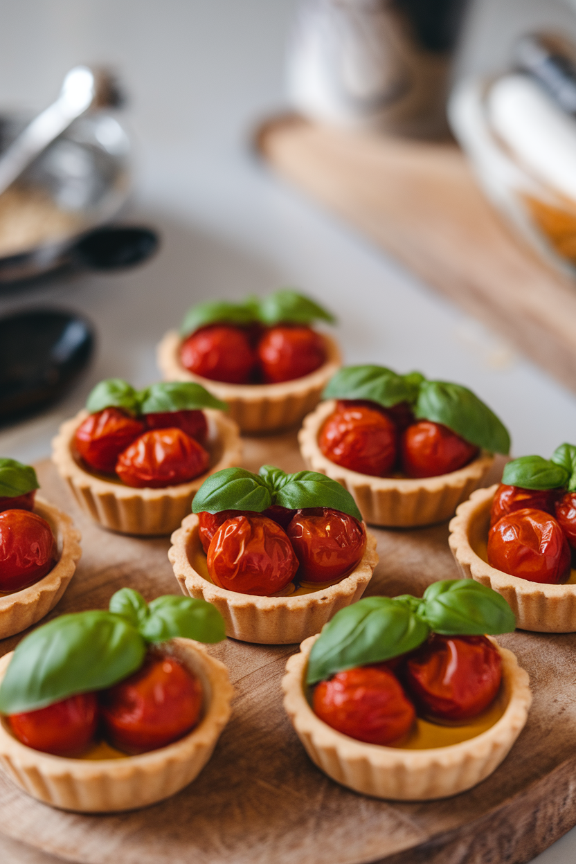 Indoor photo of mini tart shells filled with roasted cherry tomatoes glistening in olive oil, basil leaf garnish. No text or logos.