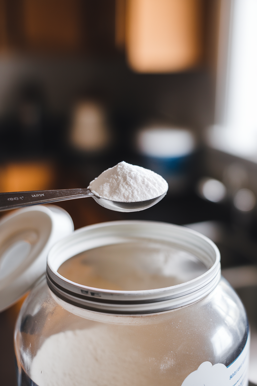 Indoor photo of a measuring spoon leveled with baking powder over an open canister; soft bright light, no text or logos