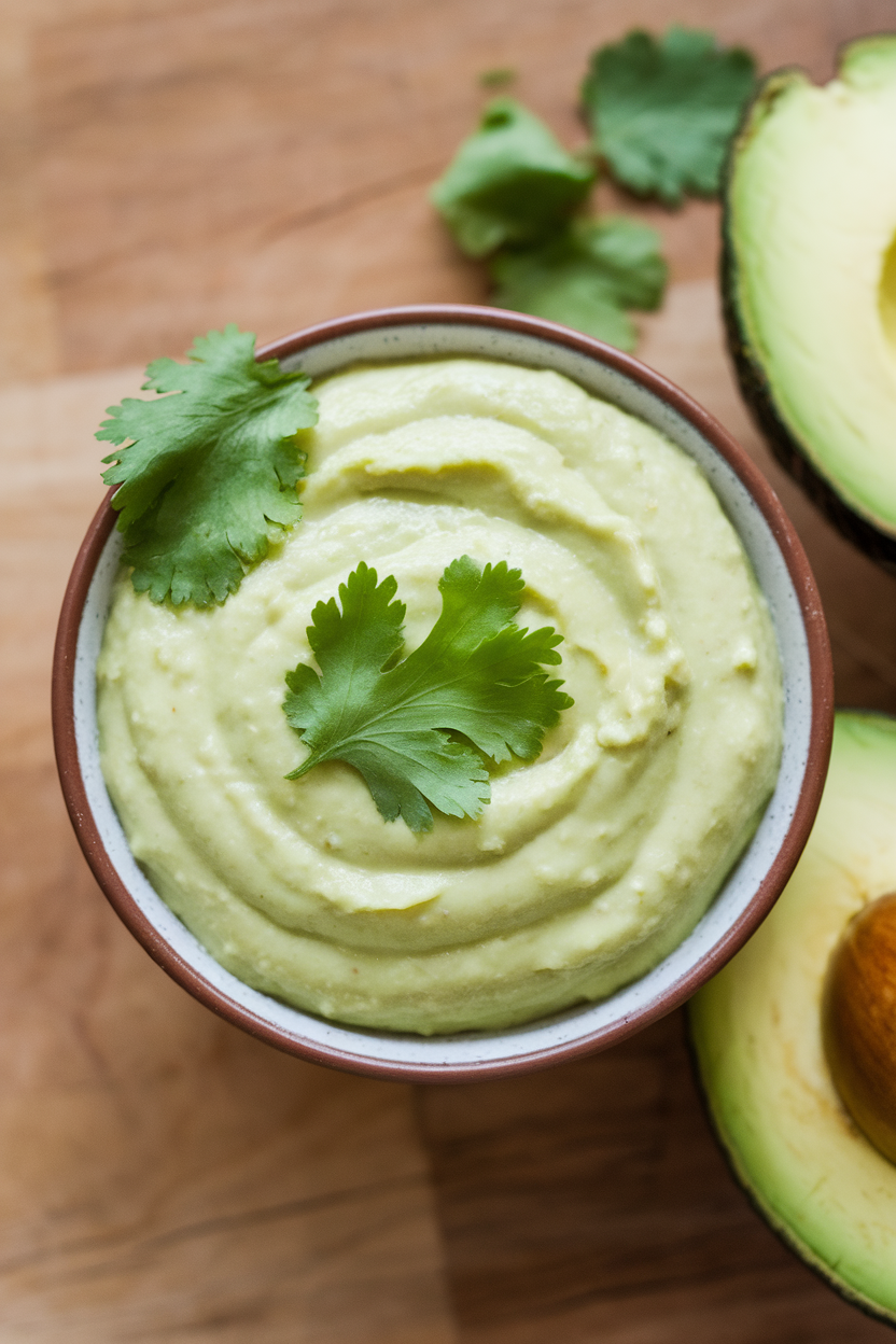 Indoor small bowl of pale green avocado sauce with cilantro leaves beside it, overhead. No text or logos.