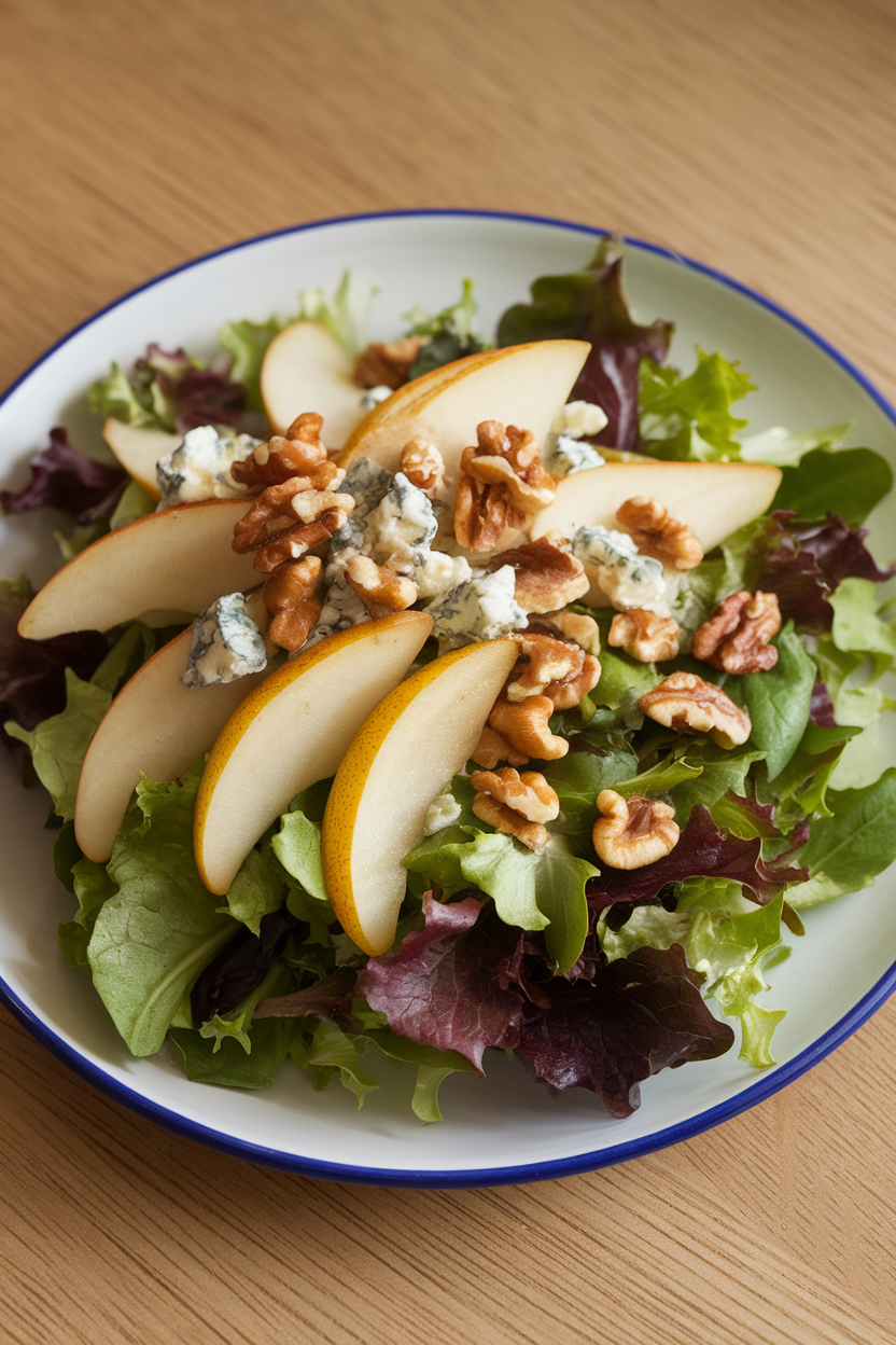 An indoor salad plate featuring mixed greens topped with sliced pears, toasted walnuts, and crumbled blue cheese; no text or logos.