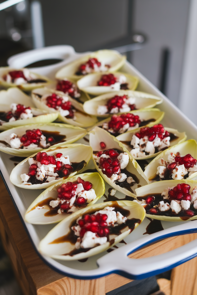 A white indoor serving tray featuring endive leaves filled with crumbled goat cheese and sparkling pomegranate seeds, drizzled with balsamic; no text or logos.