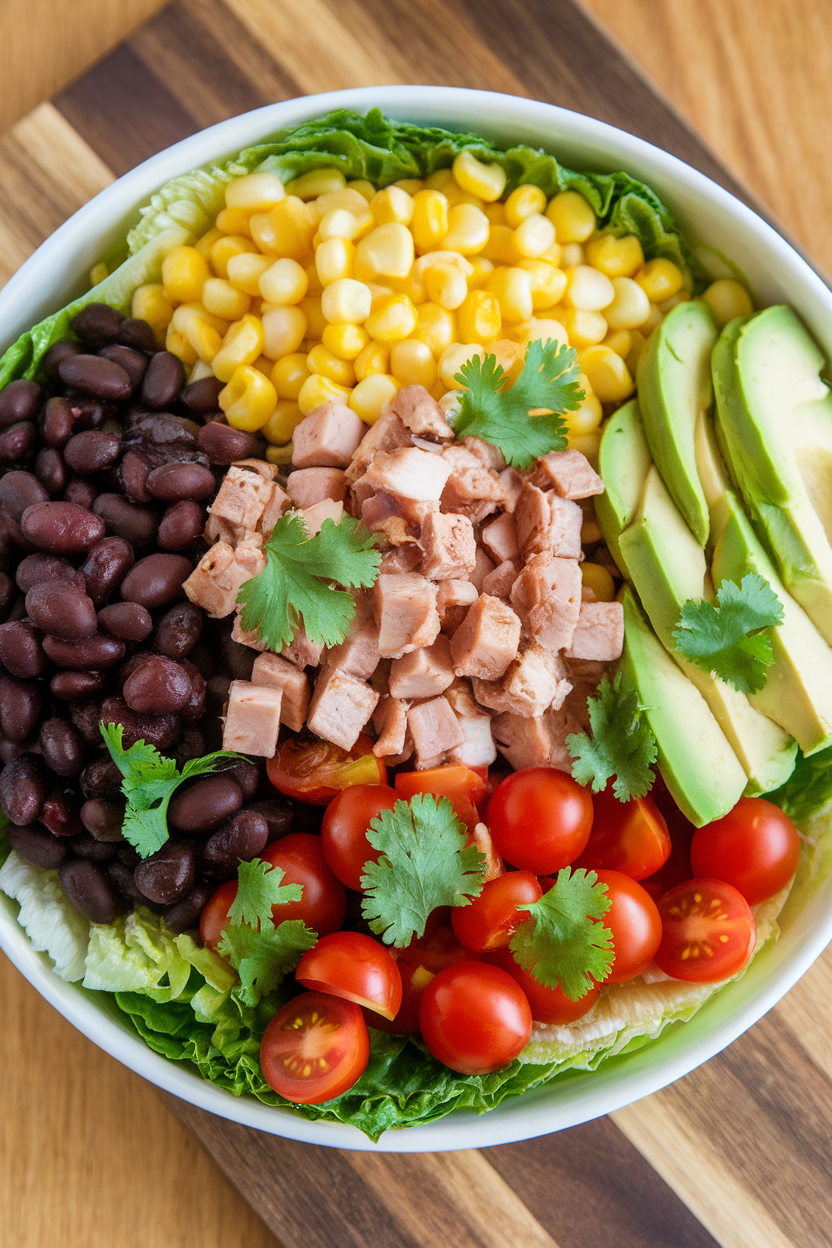 Indoor photo of black beans, diced roast turkey, corn, avocado, and cherry tomatoes arranged on chopped romaine with cilantro sprigs. Overhead lighting, no text or logos.