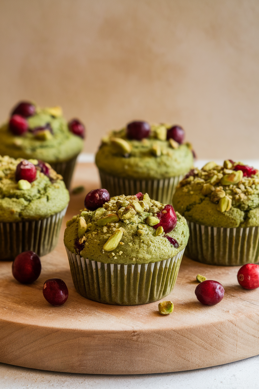 Indoor photo of green matcha muffins with cranberries and pistachio crumb topping, no text or logos