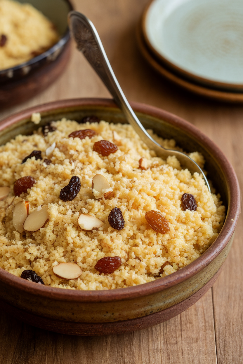 A ceramic indoor bowl of fluffy yellow couscous flecked with raisins and almonds, serving spoon resting inside. No text or logos present.