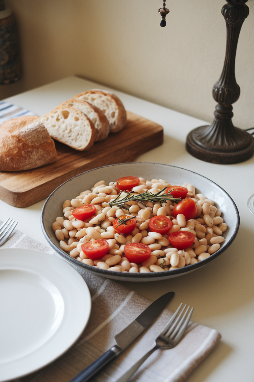 An indoor dining table featuring a shallow bowl of white cannellini beans tossed with halved cherry tomatoes and rosemary sprigs. No text or logos. Photo.