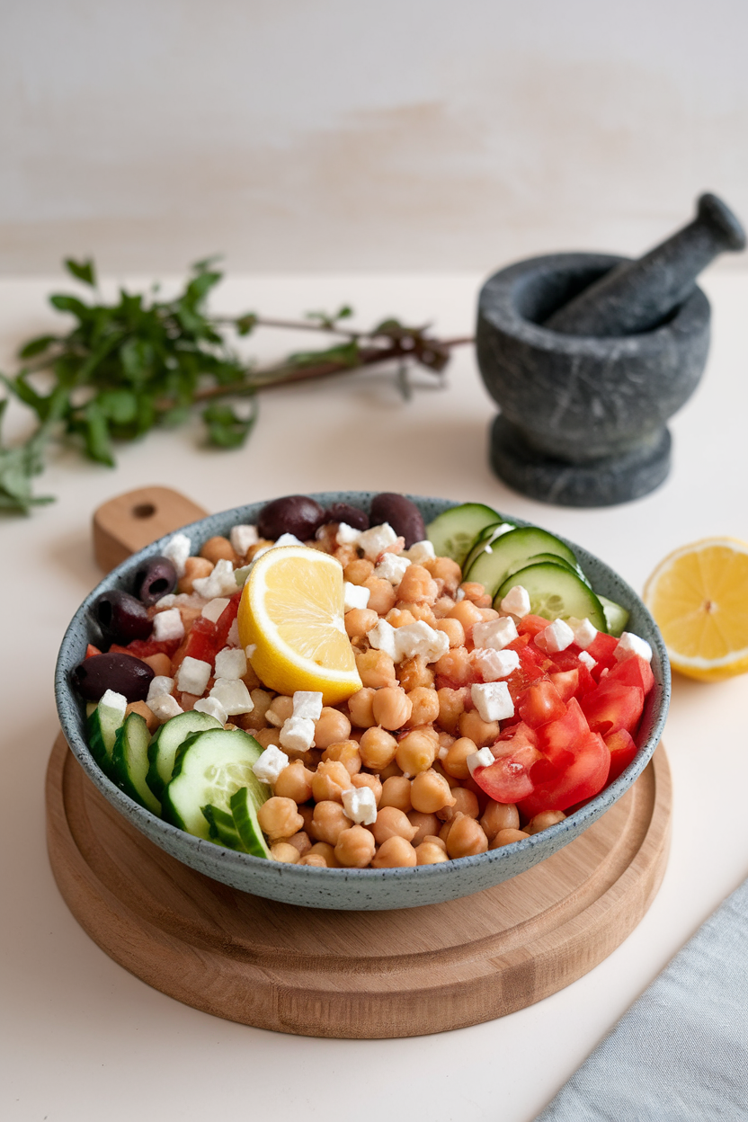 Photo of a wide bowl filled with chickpeas, cucumber, tomato, olives, and a lemon wedge, sprinkled with feta. Indoor setting, no text or logos.</Prompt