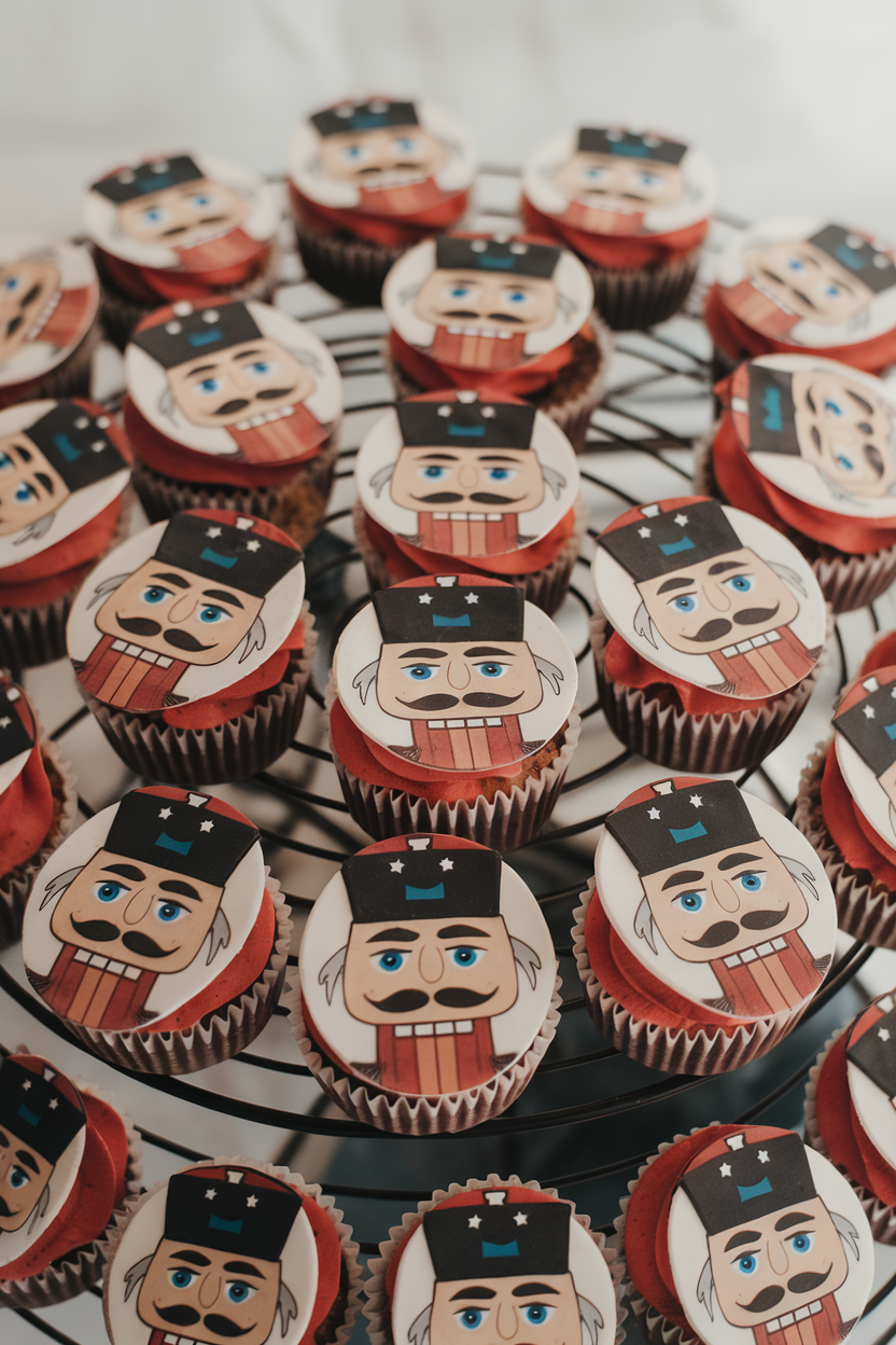 Photo of indoor bakery rack with cupcakes featuring printed edible wafer discs of nutcracker faces on red frosting bases, no text or logos.