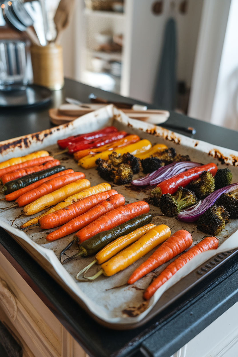 A parchment-lined sheet pan on an indoor kitchen island displaying roasted carrots, bell peppers, broccoli, and purple onions in vibrant rows; no text or logos present.