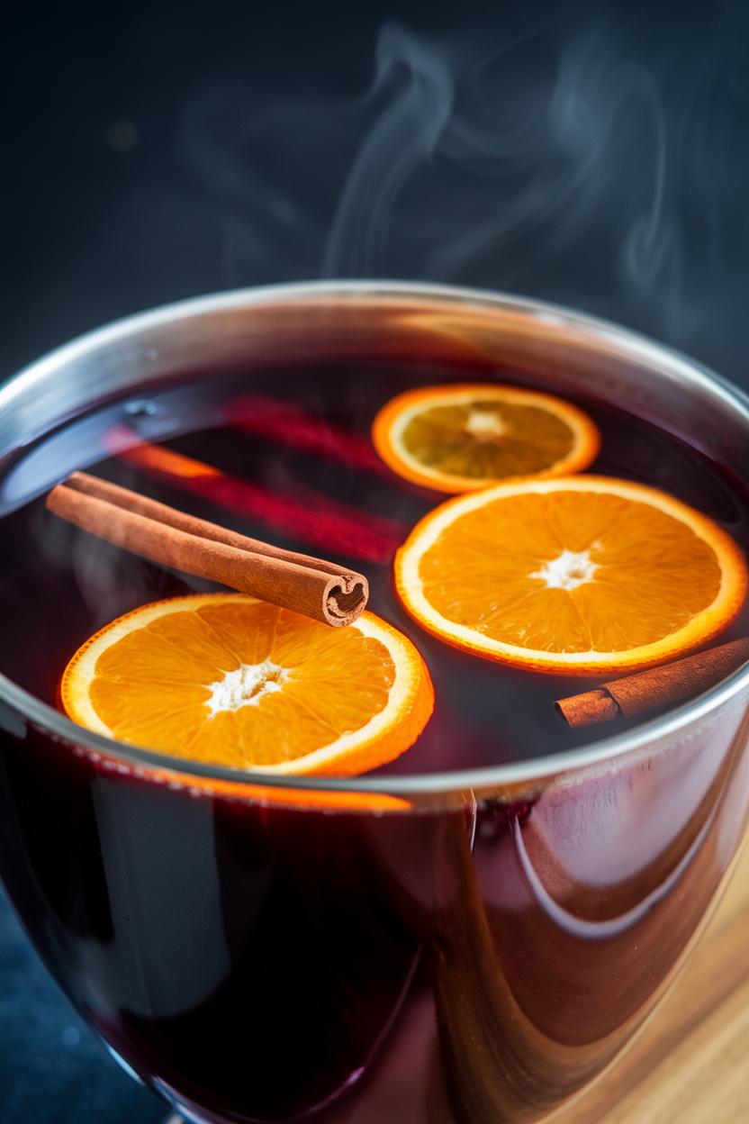 Indoor punch bowl of deep red mulled wine with floating orange slices and cinnamon sticks, steam wisp visible. No text or logos. Photo only.