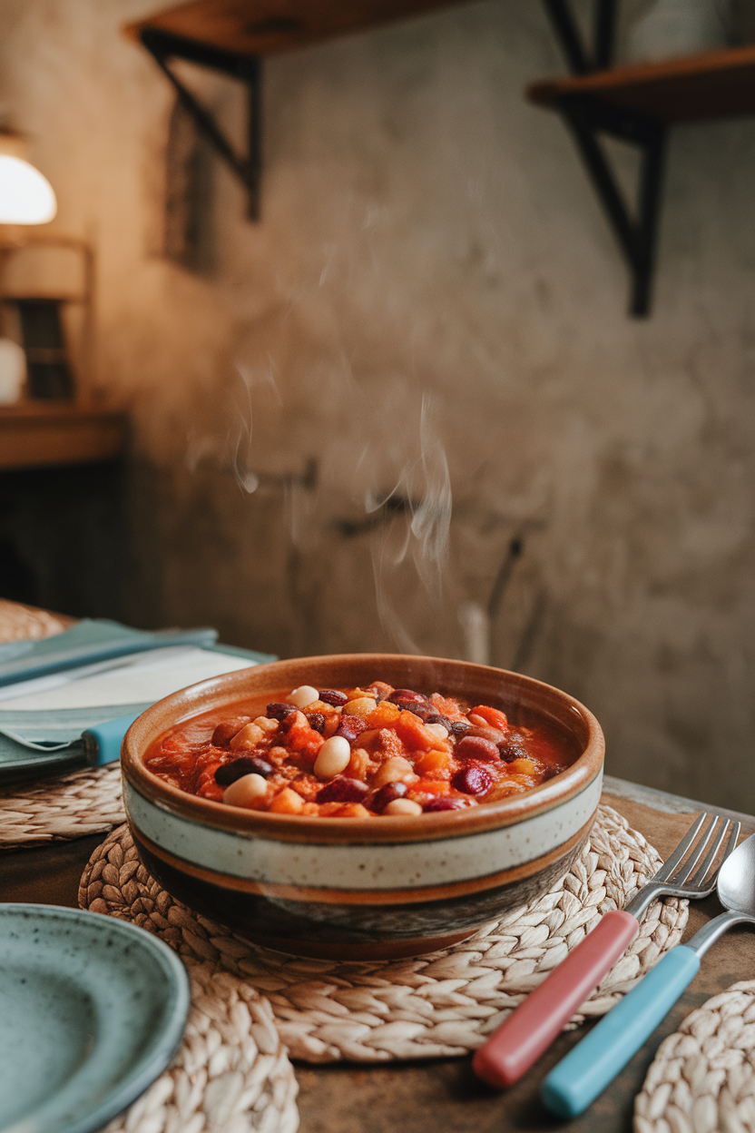 Indoor photo of a colorful bean and vegetable chili in a ceramic bowl on a dining table, steam rising, no text or logos