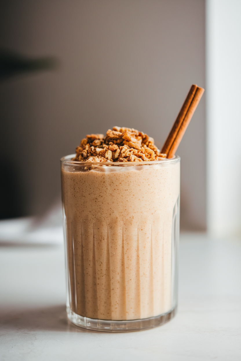 A clear indoor smoothie glass filled with creamy beige apple pie smoothie, topped with granola crumble and a cinnamon stick straw. Photo, no text or logos.