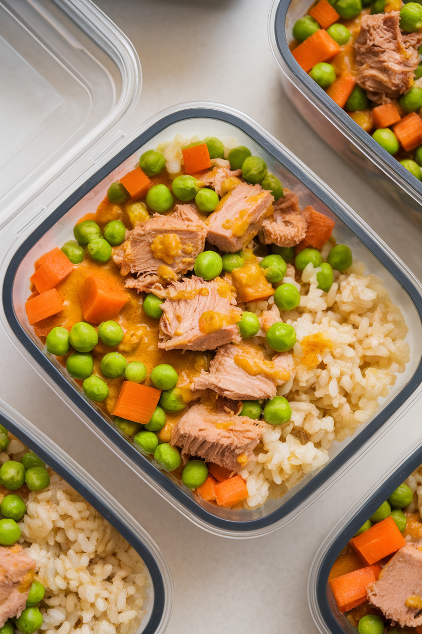 Indoor photo of cooked brown rice mixed with curried canned tuna, peas, and diced carrots, served in a meal-prep container. Overhead lighting, no text or logos.
