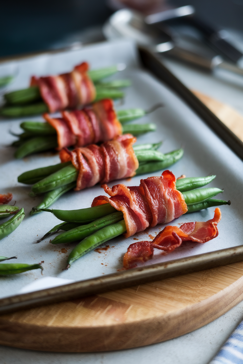 Photo of green bean bundles wrapped in crispy bacon on a baking sheet indoors, no text or logos.