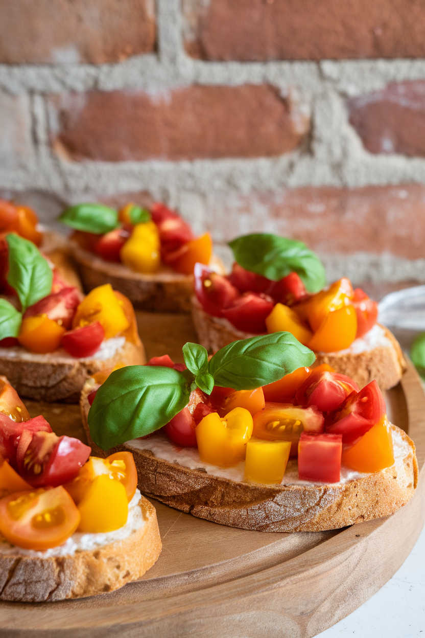 Indoor board with whole-grain crostini topped with diced colorful heirloom tomatoes and basil—photo, no text or logos.