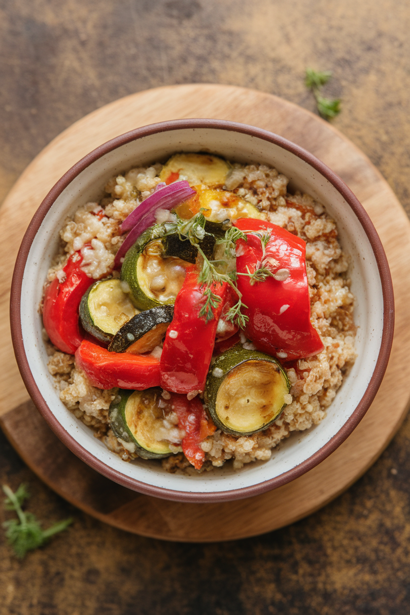 Indoor photo of a shallow ceramic bowl filled with colorful roasted vegetables—bell peppers, zucchini, red onion—over fluffy quinoa, drizzled with a light vinaigrette. Overhead angle, no text or logos.