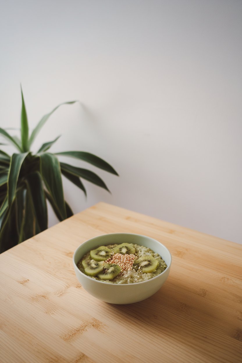 Indoor minimalist table featuring a pale-green bowl of matcha-tinted oatmeal, topped with kiwi slices and sesame seeds. No text or logos present. Photo.
