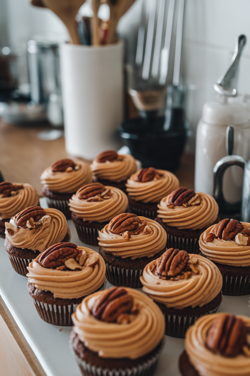 Photo of indoor kitchen counter with cupcakes displaying ring-shaped maple frosting studded with toasted pecan halves, small bow piped at top, no text or logos.