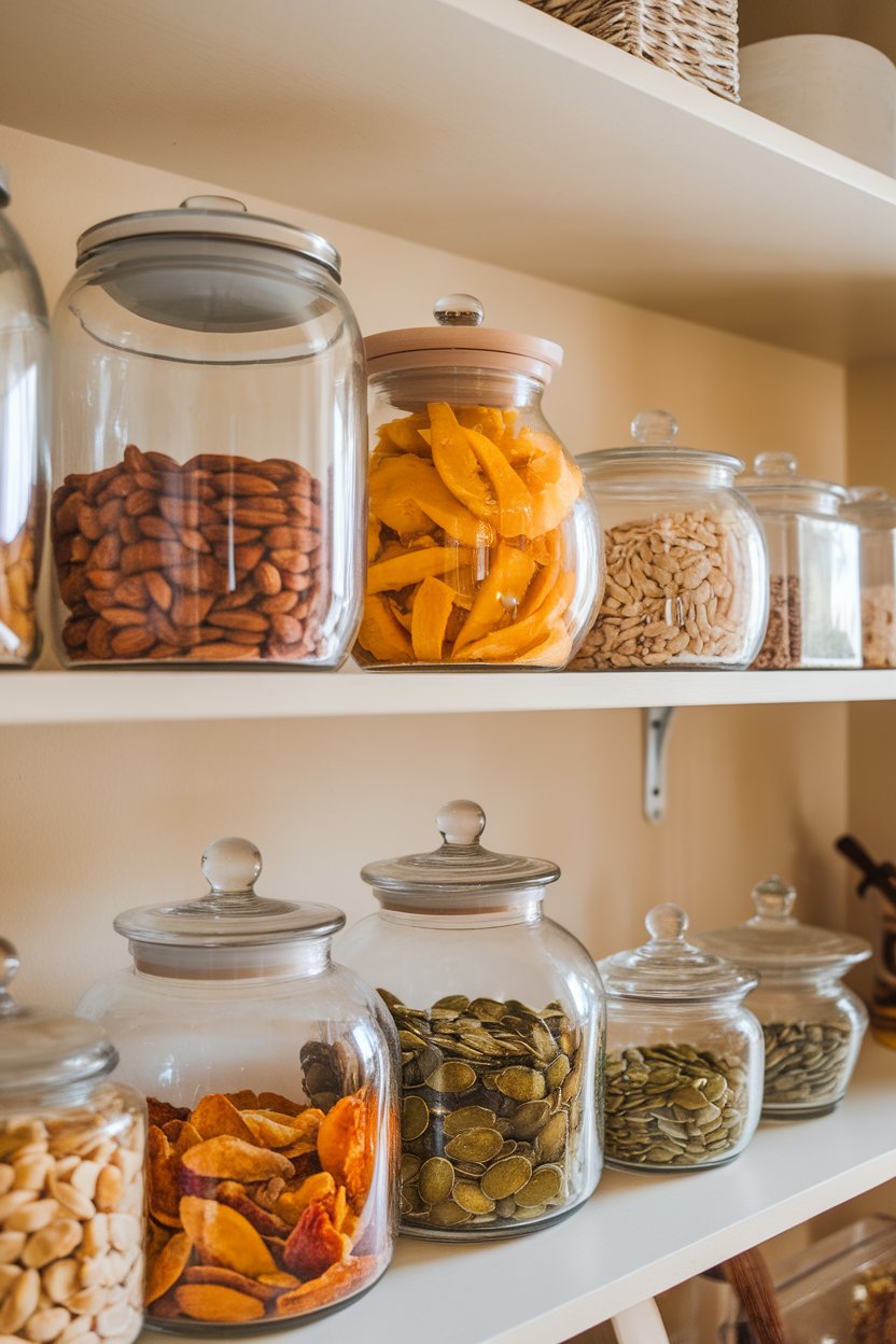 Photo of pantry shelves with clear glass jars holding almonds, dried mango slices, and pumpkin seeds. Soft indoor lighting, no text or logos.
