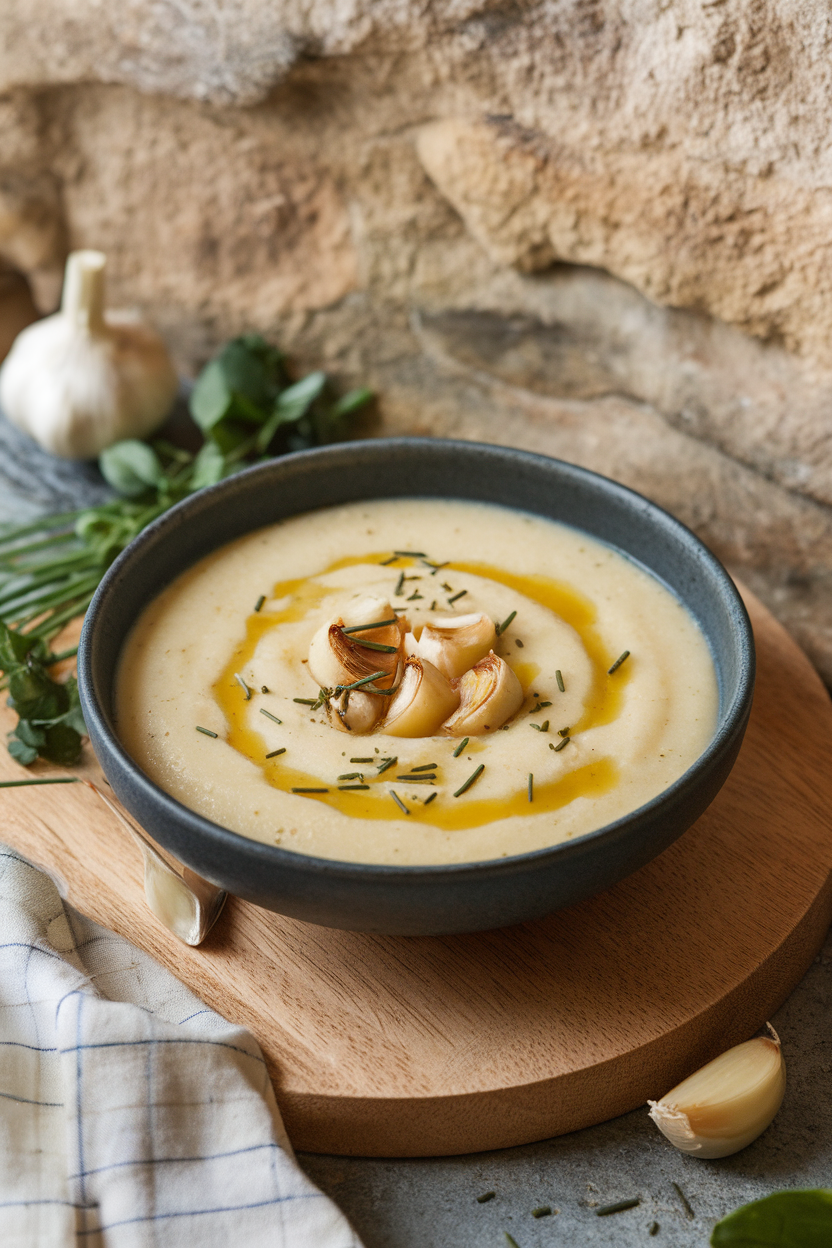 An indoor soup bowl filled with creamy off-white parsnip soup, roasted garlic cloves and chive oil drizzled on top. This should be a photo, not an illustration. No text or logos anywhere in the scene.