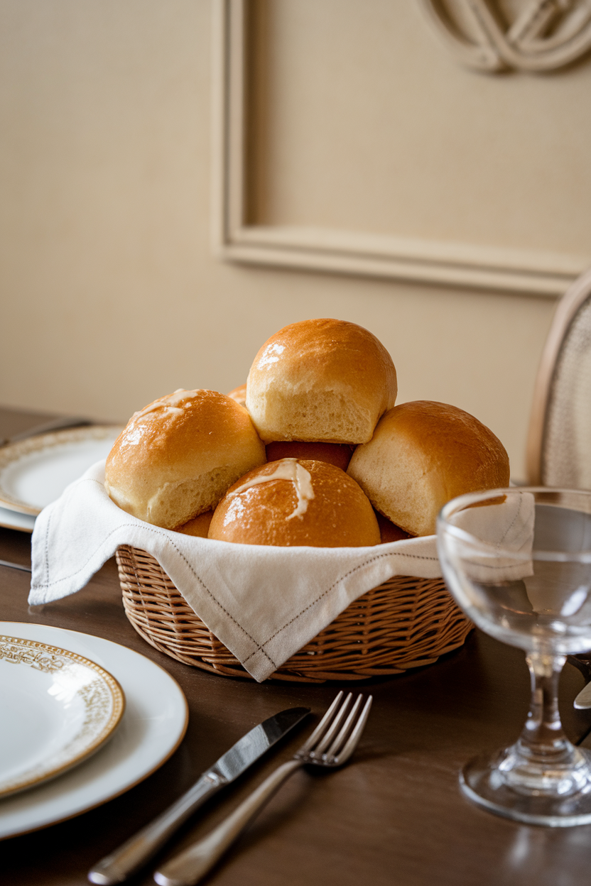 Indoor dining table spread with a basket of shiny dinner rolls brushed with honey butter, cloth napkin underneath. No text or logos.