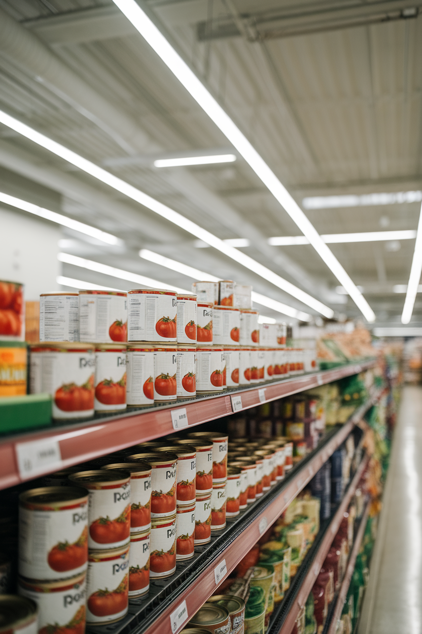 Grocery shelf with plain-label canned tomatoes and beans, indoor aisle lighting, photo, no text or logos