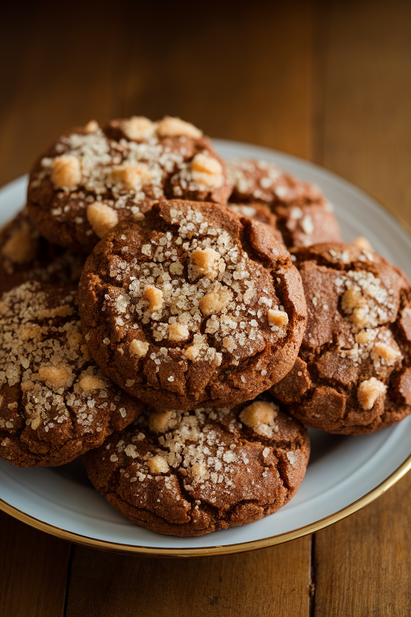 Photo prompt: A plate of crackled ginger molasses cookies sprinkled with coarse coconut sugar, indoor kitchen lighting, no branding or text anywhere.