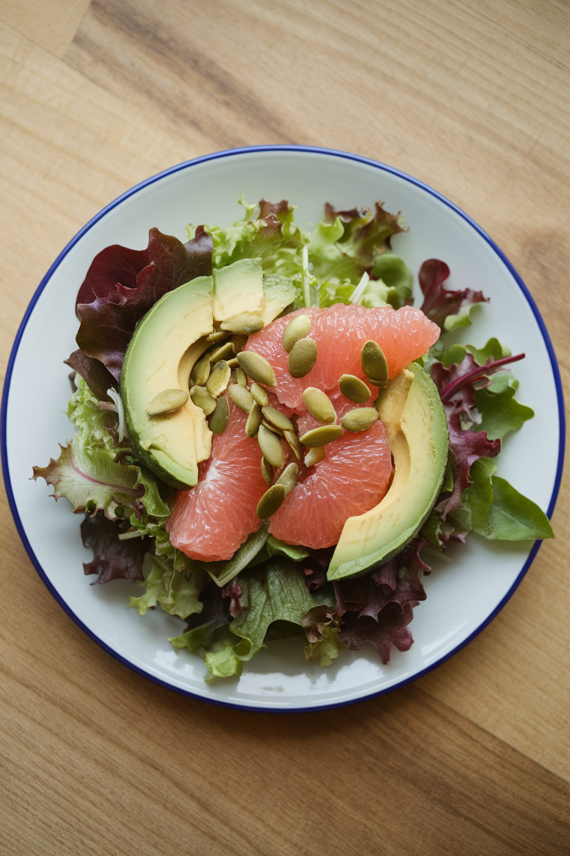 An indoor plate showcasing mixed greens topped with grapefruit segments, avocado slices, and toasted pumpkin seeds. No logos or text present.
