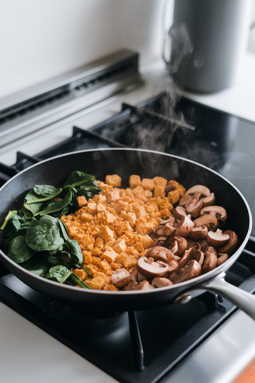 Indoor stovetop scene featuring a skillet of golden crumbled tofu, wilted spinach, and sautéed mushrooms; steam rising gently, no text or logos.