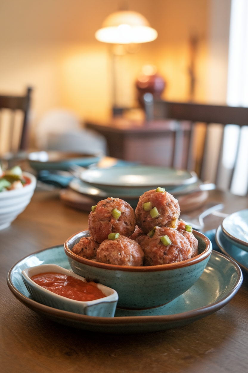 An indoor table setting with a small bowl of baked turkey meatballs dotted with green zucchini bits, accompanied by a side of marinara for dipping. Warm lighting, no text or logos visible.