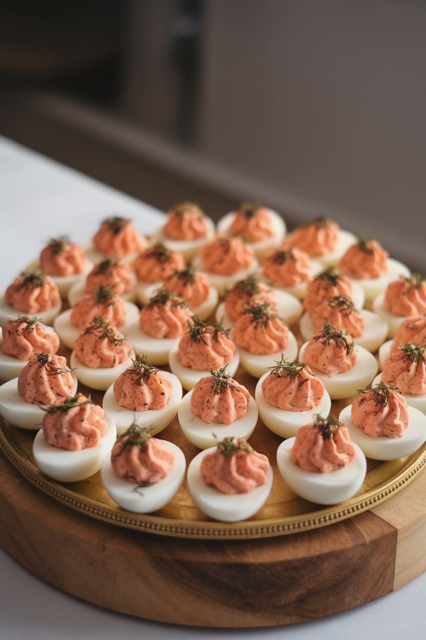 Indoor platter of deviled eggs filled with salmon-dill mixture, garnished with microgreens—photo, no text or logos.