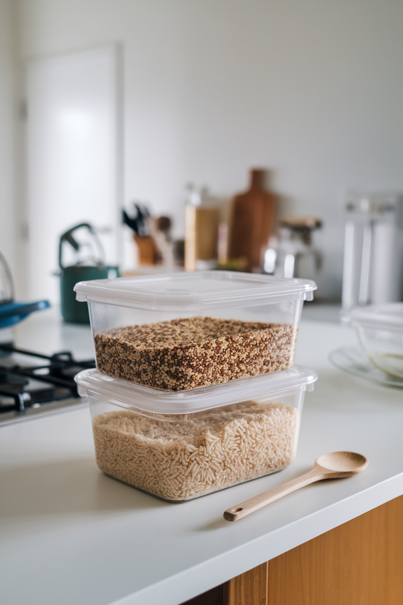 Photo of an indoor kitchen island with meal-prep containers of cooked quinoa and brown rice cooling before storage. No text or logos.