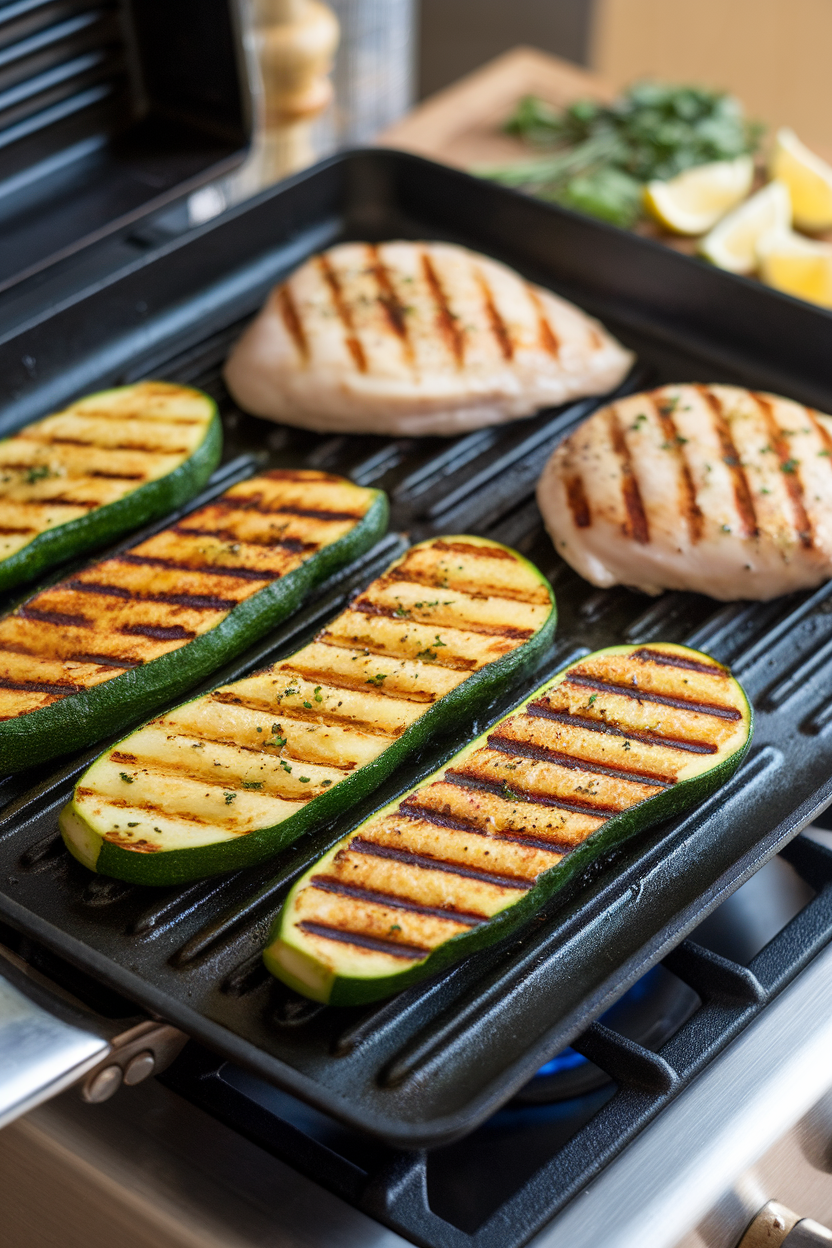 Indoor stovetop grill pan searing zucchini planks and chicken breasts, grill marks visible, no logos.
