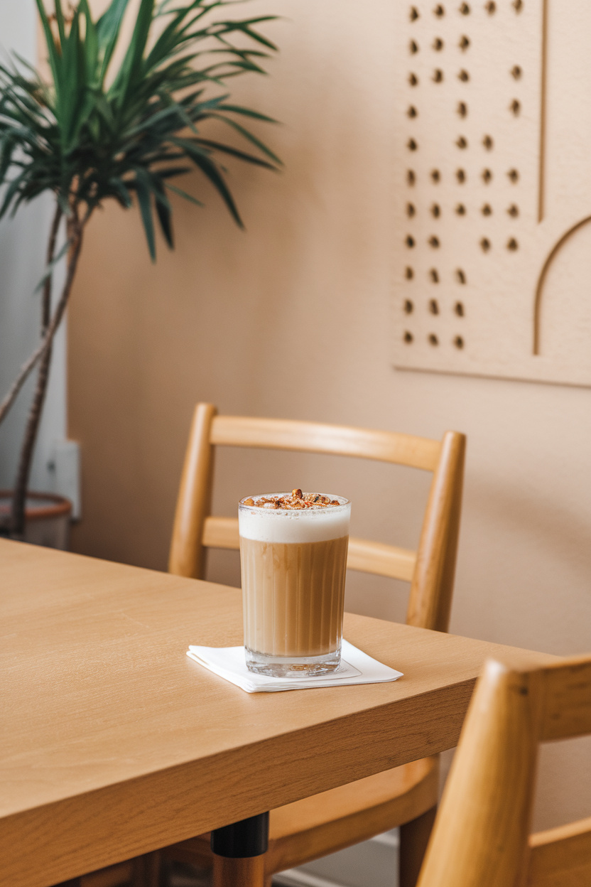 Indoor brunch nook displaying a stemmed glass of butter pecan milk punch, crushed pecans sprinkled atop foam. Photo, no text or logos.
