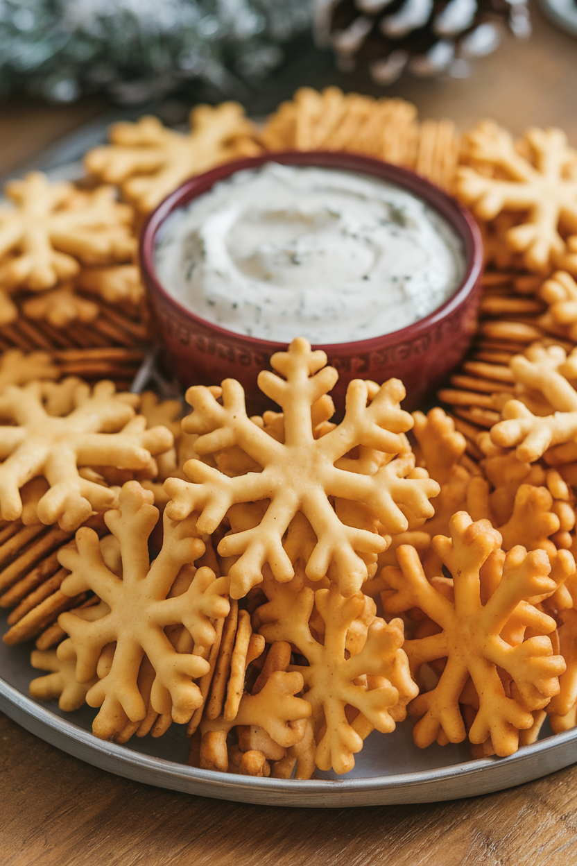 A festive indoor platter with snowflake-shaped cheddar crackers, golden and crisp, small bowl of ranch dip in background. No text or logos, photo only.