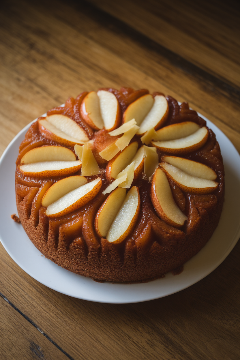 Indoor photo of a round upside-down cake topped with caramelized pear slices and ginger shards, center-table lighting, no text or logos