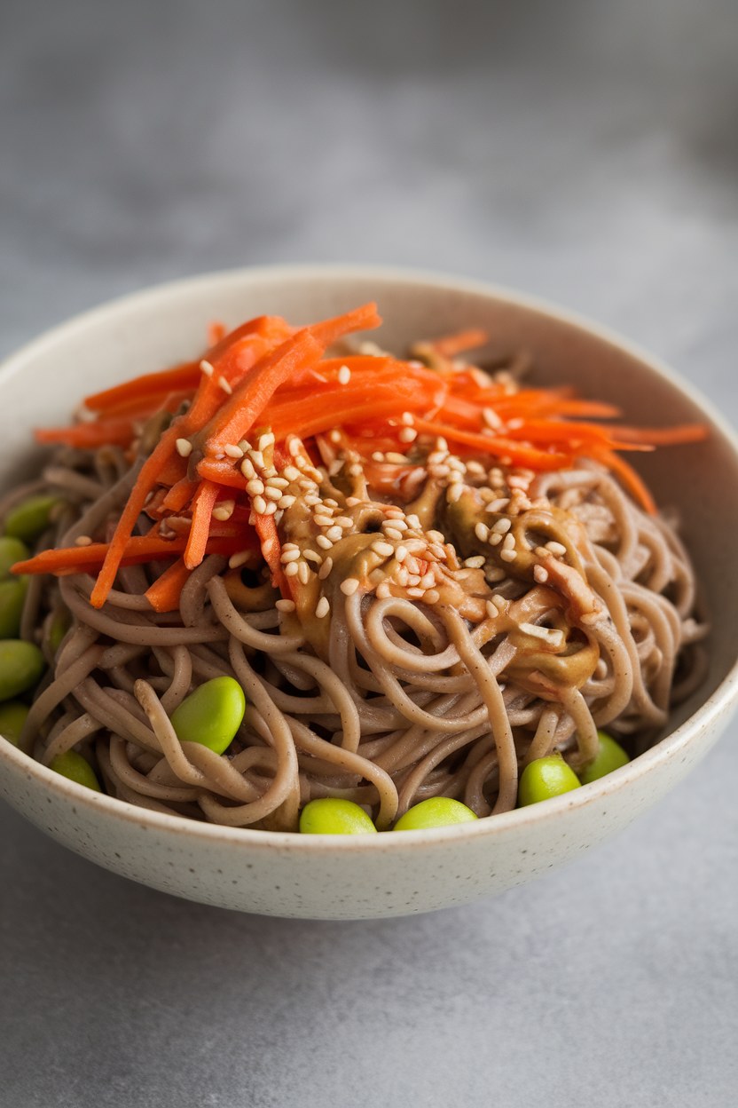 An indoor serving dish of chilled buckwheat soba noodles mixed with shredded carrots, edamame, and sesame seeds, soy-sesame dressing coating the strands. No logos or text present.