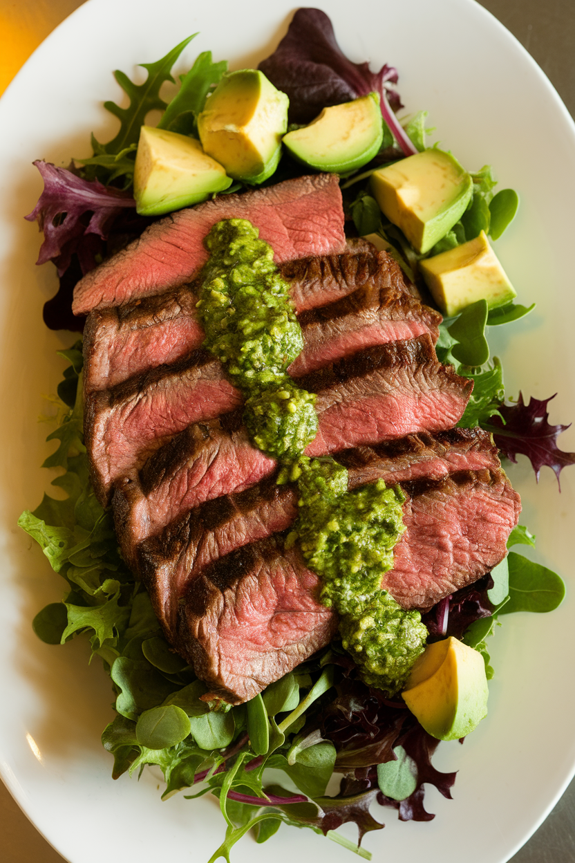 Indoor photo of sliced medium-rare flank steak fanned over mixed greens with avocado cubes and a bright green chimichurri drizzle. Warm overhead lighting, no text or logos.