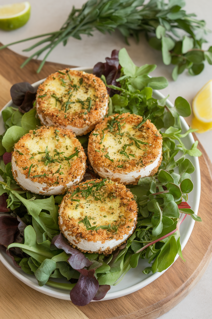 An indoor platter of pan-seared goat cheese rounds coated in chopped herbs and breadcrumbs, served on a bed of mixed greens. No text or logos present.