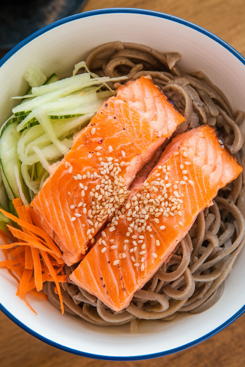 Indoor photo of flaked baked miso-glazed salmon atop chilled soba noodles, shredded cucumber, and carrot, sprinkled with sesame seeds. Overhead lighting, no text or logos.