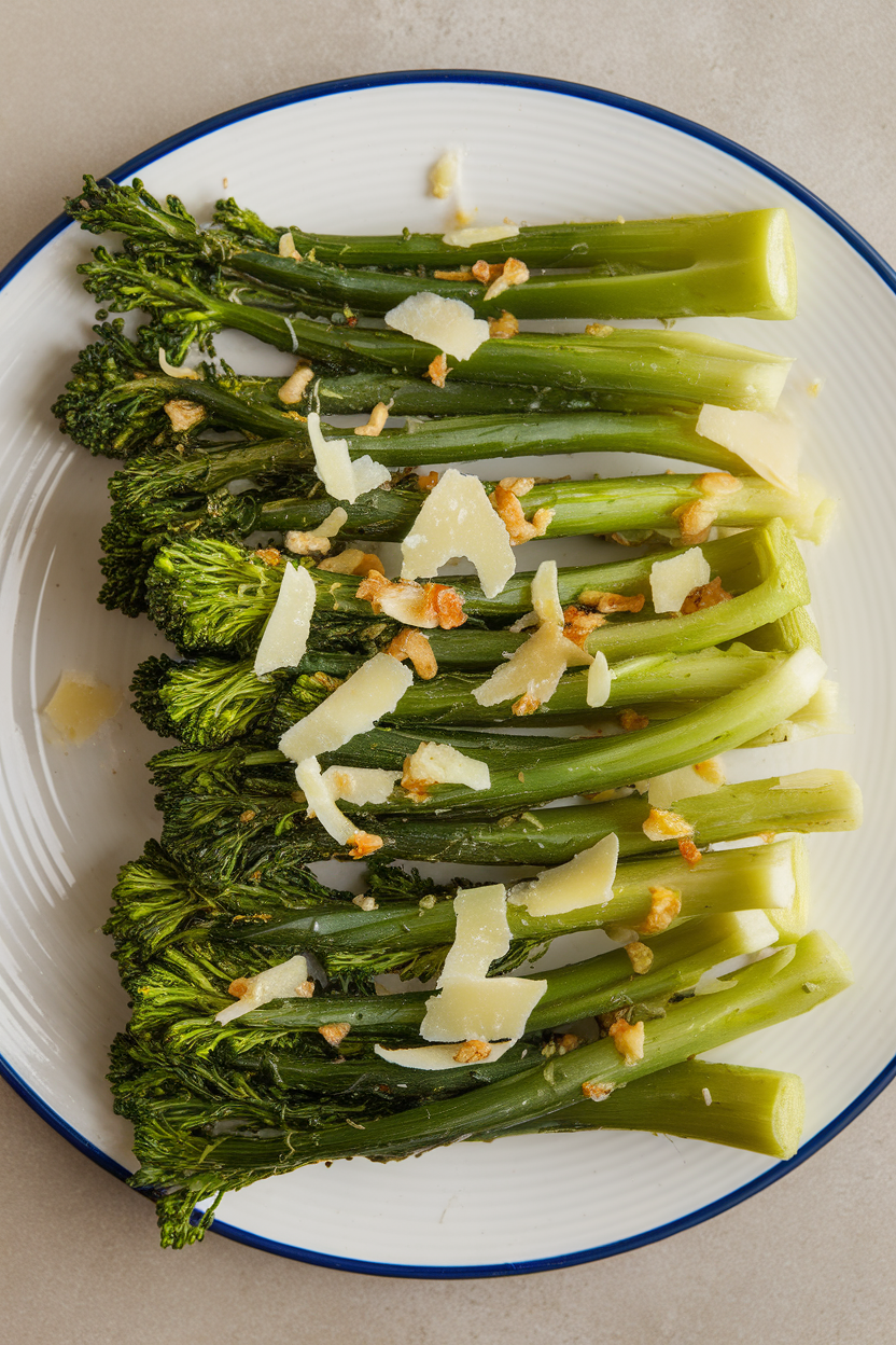 Indoor plate of blanched broccolini stalks sprinkled with shaved parmesan and garlic chips. Neutral background, no logos.