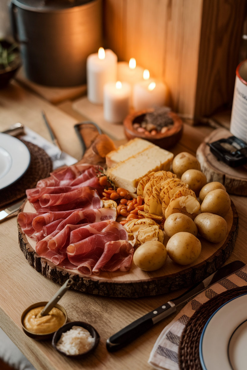Cozy indoor cabin table with a wooden platter of smoked speck, nutty raclette slices, boiled baby potatoes, and cornichons ready for melting; no text or logos.