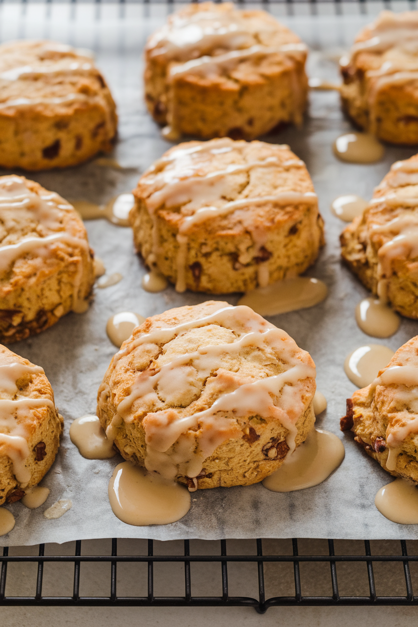 Indoor bakery rack with maple-glazed walnut scones cooling on parchment, glaze dripping slightly, no logos or text.