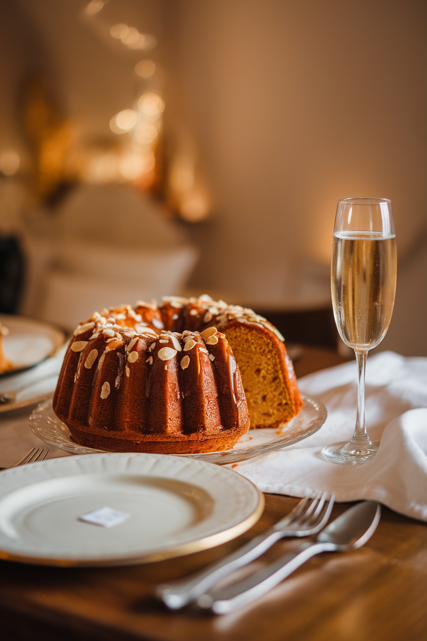 A warmly lit indoor dining table featuring a glazed Bundt slice with a delicate almond drizzle and subtle sheen, small glass of champagne off to the side. No text or logos. Photo, not illustration.