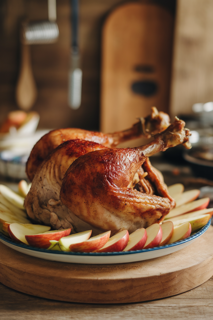 Fully cooked turkey legs with a caramelized skin, resting on a platter with apple slices, indoors. No text or logos.