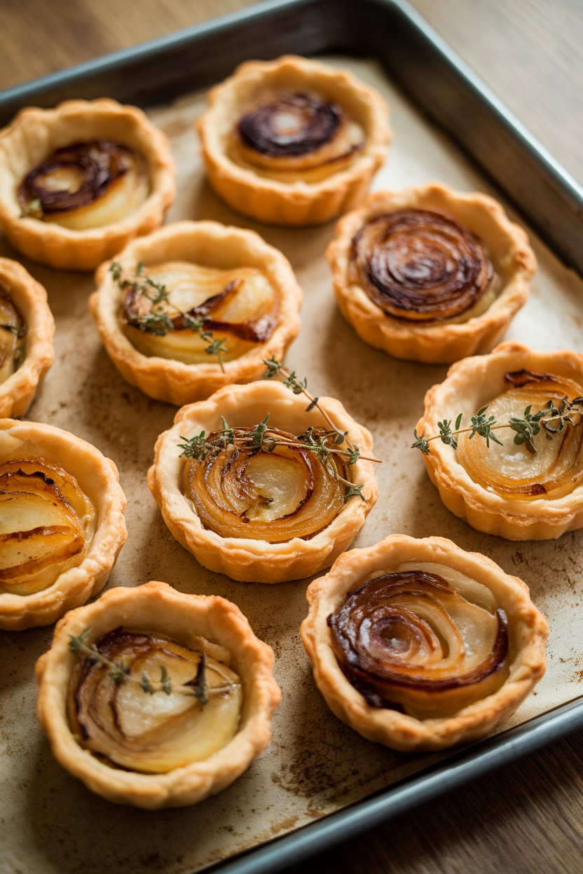 Indoor photo of mini puff pastry tartlets filled with golden caramelized onions and thyme on a baking tray. No text or logos.