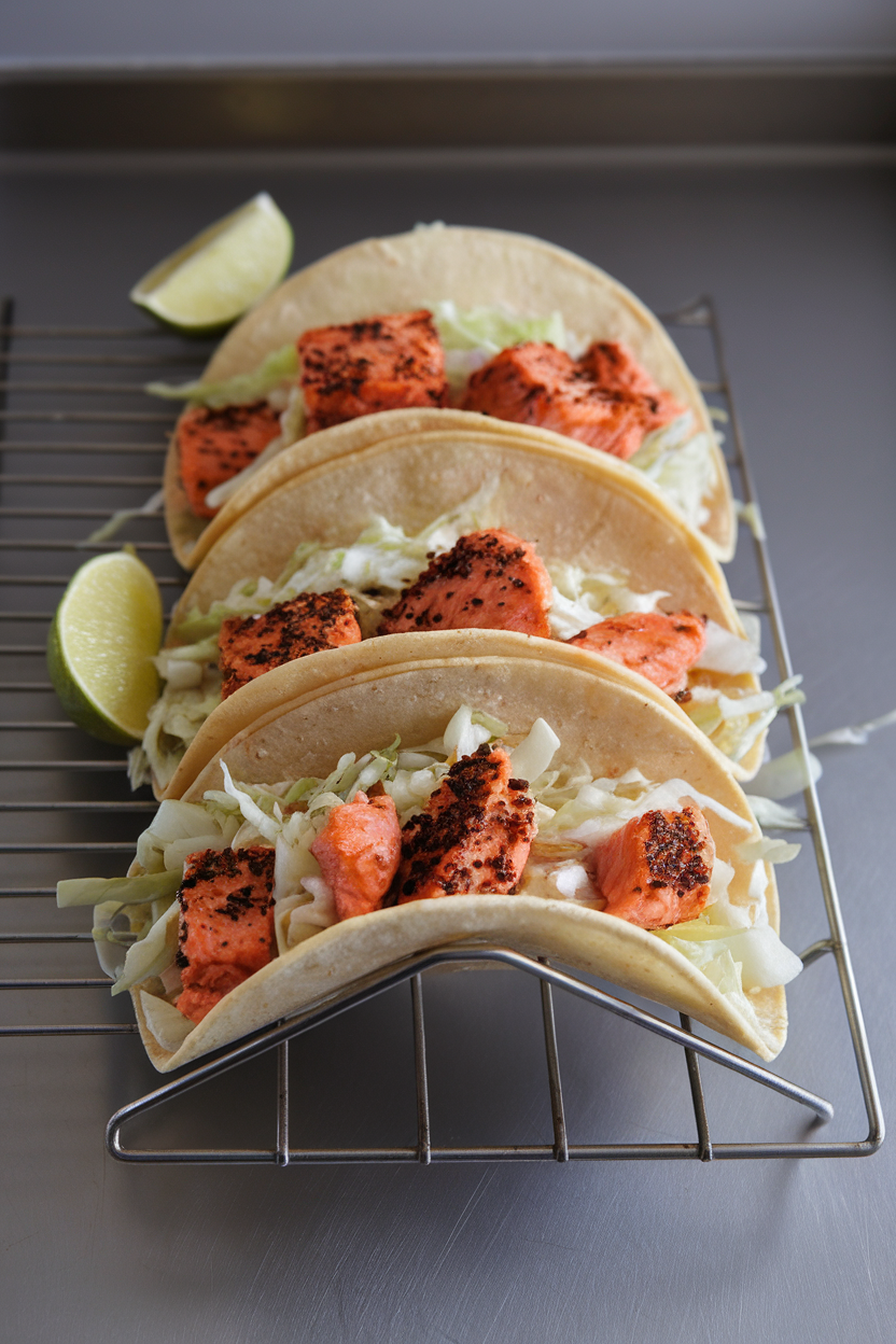 Photo of an indoor taco rack holding cooked blackened salmon flakes in soft corn tortillas, topped with cabbage slaw and lime wedges. No text or logos present.